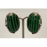 A pair of 925 silver clip-on earrings set with green striped stone, in an Art Nouveau style setting.