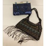2 beaded evening bags both with fully beaded handles. A black twin handled by Unze with fringe.