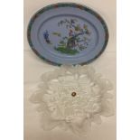 A blue glazed, oval shaped ceramic serving plate by Copeland Spode.