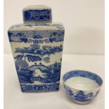 A vintage Ringtons ceramic lidded tea jar with blue and white Willow pattern design.