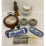 A box of assorted misc. items to include cutlery, Spode "Italian" ceramics and a clock.