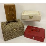 2 vintage jewellery boxes together with a vanity case and a red metal cash box.