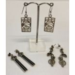 3 pairs of Rennie Mackintosh style silver drop earrings. All marked silver or 925.