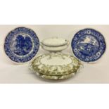 A pair of 1920's blue & white Christmas plates together with 2 early 20th century ceramic tureens.