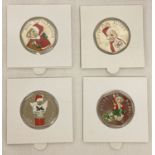 A set of 4 2018 Beatrix Potter 50p coins with coloured Christmas decals.