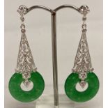 A pair of 925 silver and jade drop earrings.