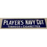 A large vintage enamel Player's cigarettes wall sign, white lettering with blue background.