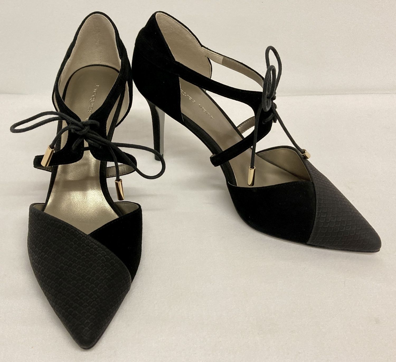 A pair of Jacques Vert black suede and soft leather occasion wear stiletto healed shoes.