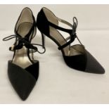 A pair of Jacques Vert black suede and soft leather occasion wear stiletto healed shoes.