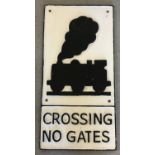 A large black and white painted Railway Crossing sign "Crossing No Gates". With wall fixing holes.