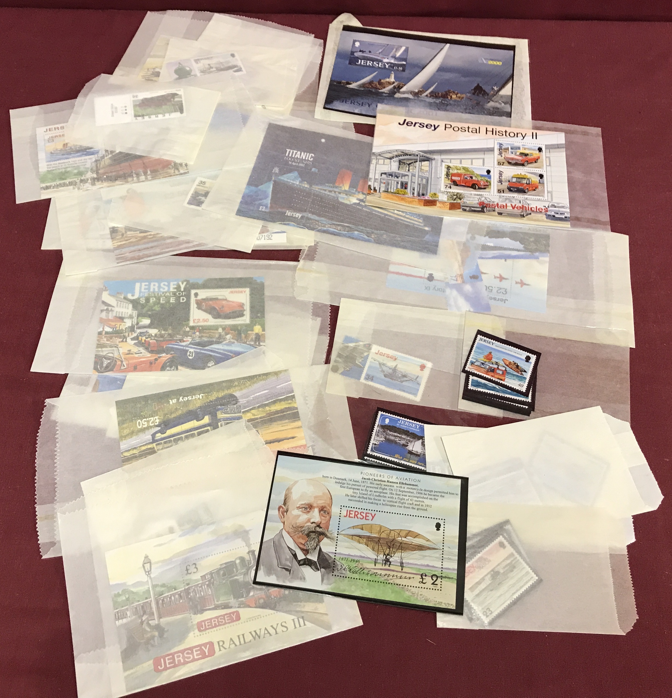 A quantity of Jersey transport and aviation themed, mint collectors stamps.