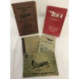 5 vintage motorcycle manuals. To include BSA, Vespa and Velocette. All 1940's and 50's.