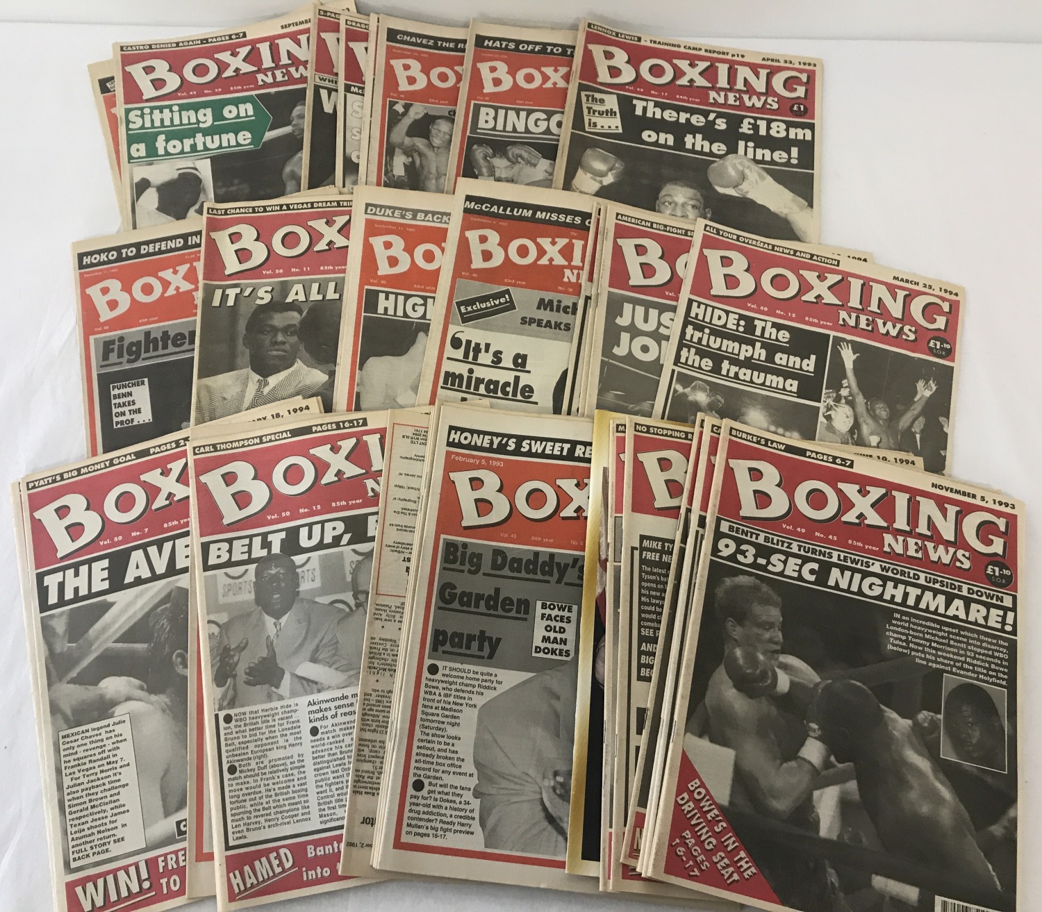 49 issues of Boxing News from the 1990's together with a Eubank/Benn supplement from Daily Mirror.