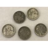 5 Indo China 10 cent coins all dated 1939 between dots.