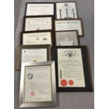 A collection of 9 variously framed Freemasonry certificates & ephemera.