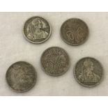 5 Indo China 10 cent coins all dated 1939 between dots.