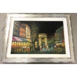 Morgan Lott, large textured oil on canvas of a Paris street scene by night.