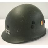A Belgian M71 paratroop helmet with handpainted decals to front and side.