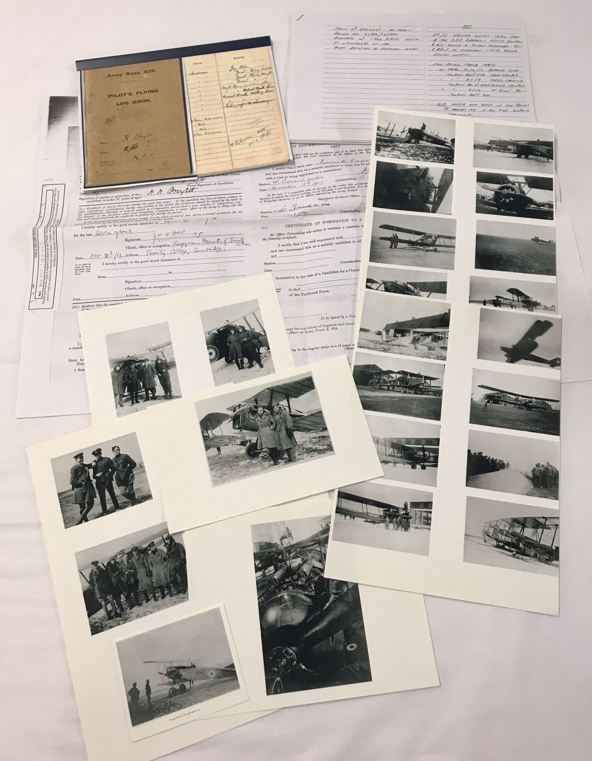 WWI RFC/RAF interest copied Pilot's Logbook, copied photos and other copied paperwork.