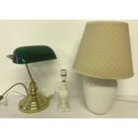 3 modern and vintage table/desk lamps to include a brass based bankers lamp with green glass shade.
