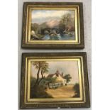 A pair of antique unsigned oil on board paintings in gilt frames.
