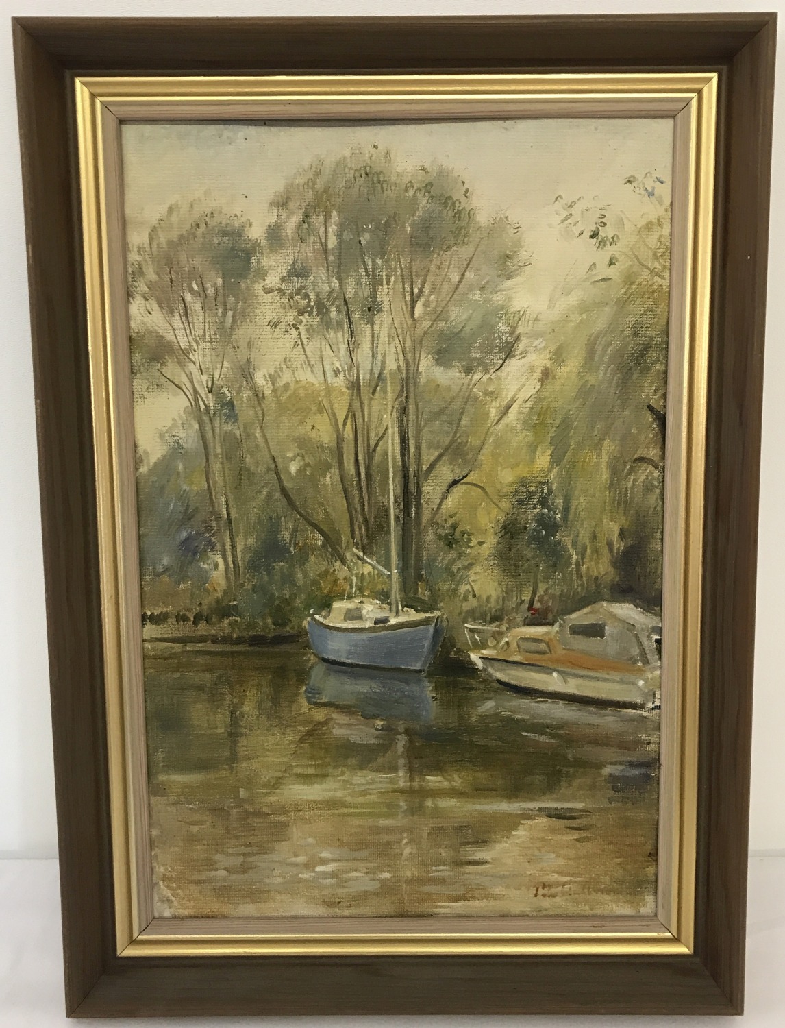 Peter Walbourn, Norfolk artist - framed oil on board "Quiet Backwater The Broads"