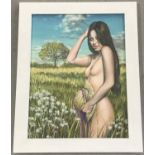 Krys Leach- oil on printed fabric of a nude, entitled "Merlot".