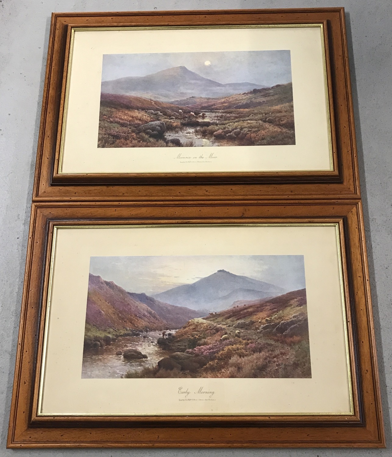 2 framed and glazed Alfred de Breanski Prints entitled "Moonrise On The Moor" and "Early Morning".