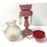 3 pieces of Victorian glassware to include a pink glass lustre and clear glass water jug.