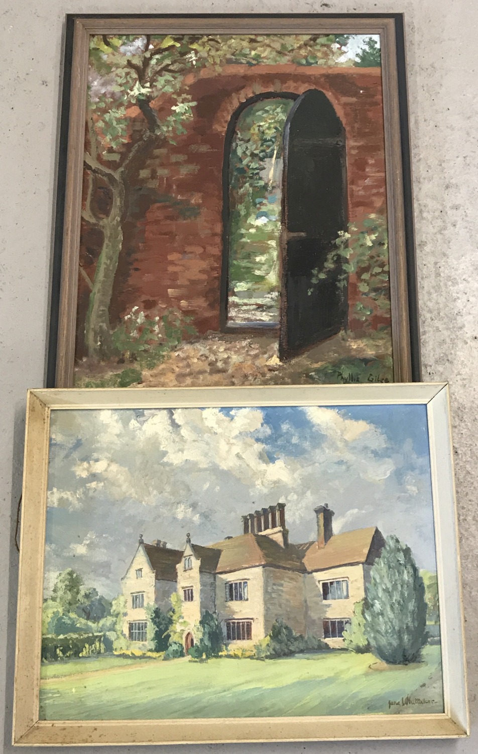 2 vintage oil on board paintings. The Secret Door by Phyllis Giles together with a signed painting