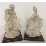 2 Capodimonte figurines mounted on wooden plinths of women in period dress.