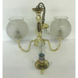 A vintage brass 3 arm ceiling light fitting with etched glass shades.