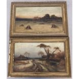 2 gilt framed oil on canvas paintings depicting rural scenes by the same artist.