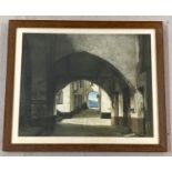 A fine art print with blind stamp of a yard scene. Artist signature to bottom right, A.Y Cameron.