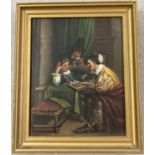 A framed oil on metal of a Dutch tavern scene depicting a chess game.