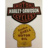 2 painted cast metal wall hanging signs; Harley Davidson together with Shell motor oil.