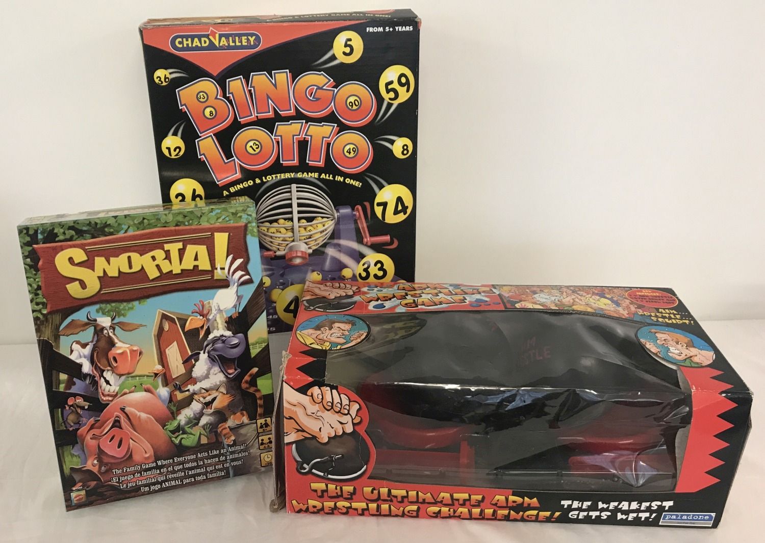 3 boxed family games. Chad valley Bingo lotto & Snorta by Mattel.