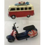 2 painted tin plate models of vehicles; a camper van together with a scooter.