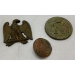 Napoleonic style Imperial Guard button, collar eagle and broken pouch badge.