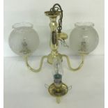 A vintage brass 3 arm ceiling light fitting with etched glass shades.