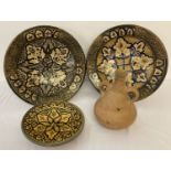 4 items of North African pottery, comprising: 2 hand painted and glazed bowls with metal applique,