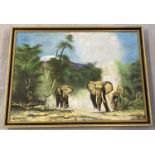A gilt framed oil on canvas by L. Chisengay of African elephants.