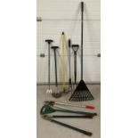 A selection of modern garden tools. To include a "Flipstick" seat, lawn rake, lawn edging shears and