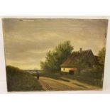 An unsigned oil on canvas painting depicting a rural cottage scene.