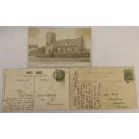 3 hand written postcards one RP depicting Honington church. All with Edward VII half penny stamps.