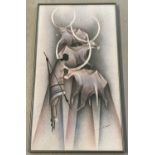 A framed and glazed stencil art on fabric depicting a tribal herdsman and cattle by D.S.Okelto.