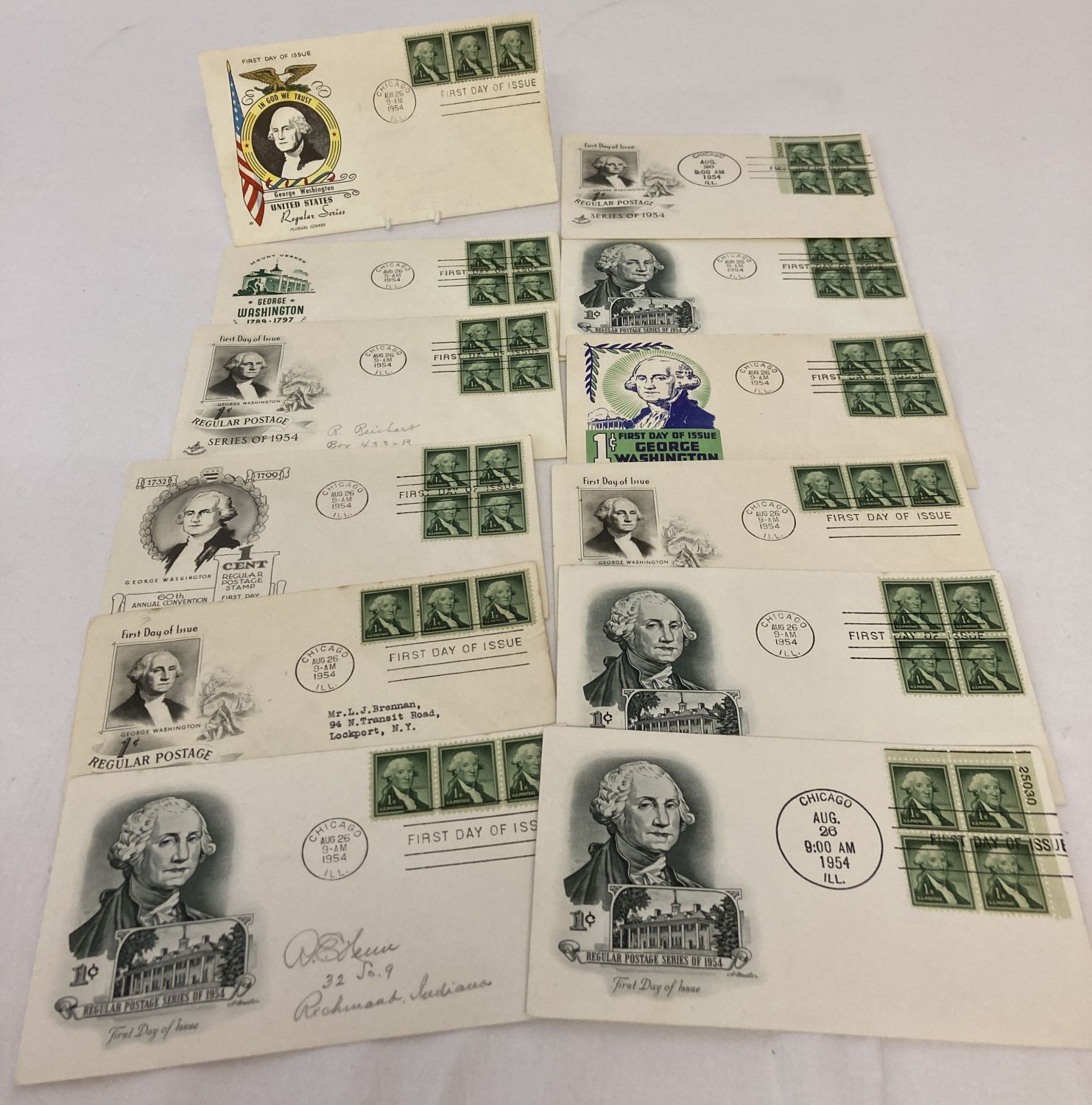 12 American 1950's first day covers "United States Regular Series" depicting George Washington.