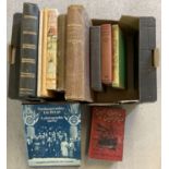 A box of assorted antique and vintage books.