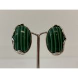 A pair of 925 silver clip on earrings set with green striped stone, in an Art Nouveau style setting.