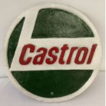 A circular painted cast iron "Castrol" oil wall hanging plaque.
